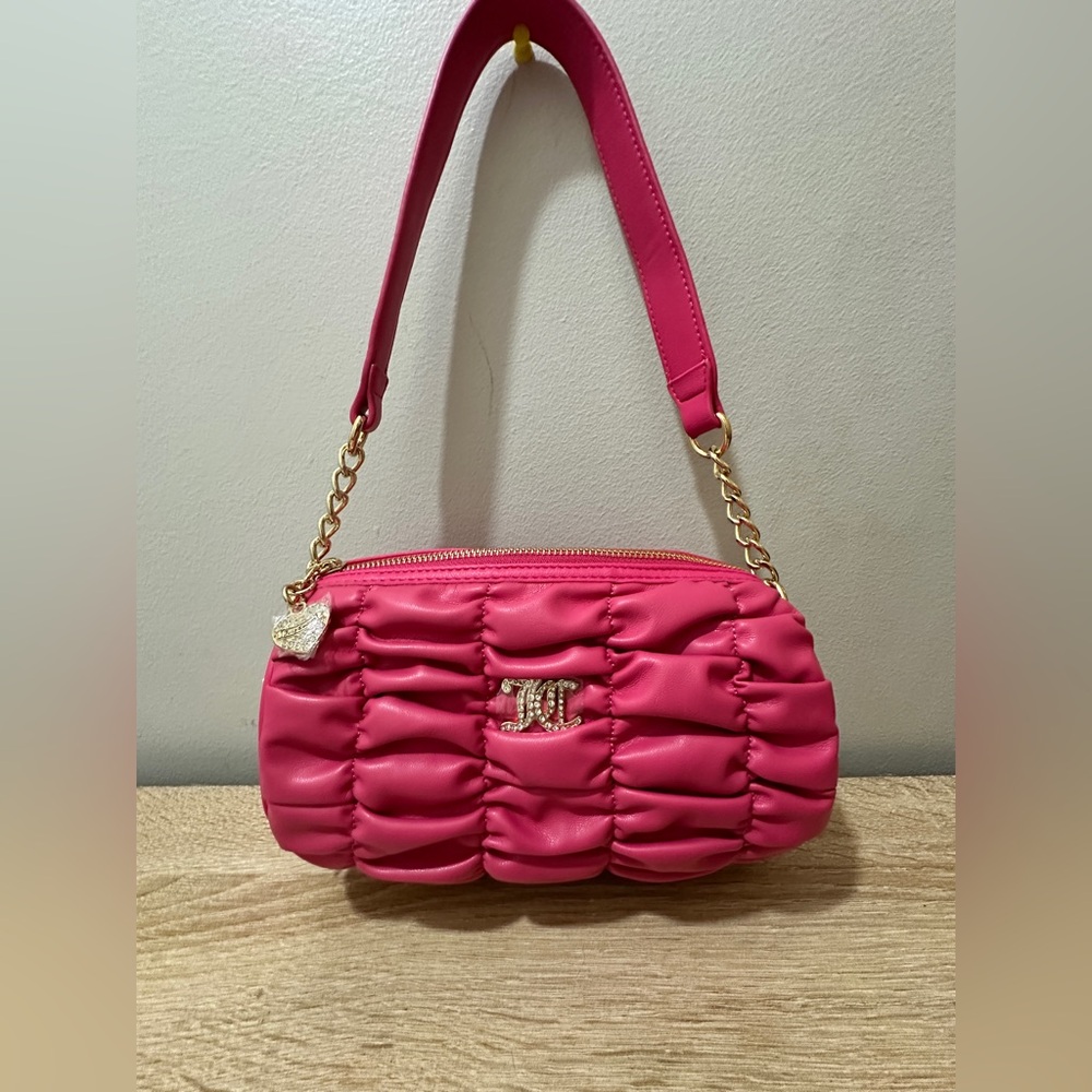 Juicy Couture Pink Flash “Run the World” Shoulder Barrel Bag Ruched Faux Leather
